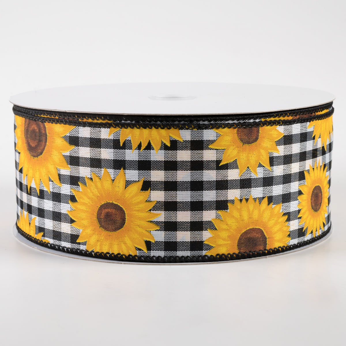 2.5" Sunflowers on Gingham Ribbon: Black & White (50 Yards)