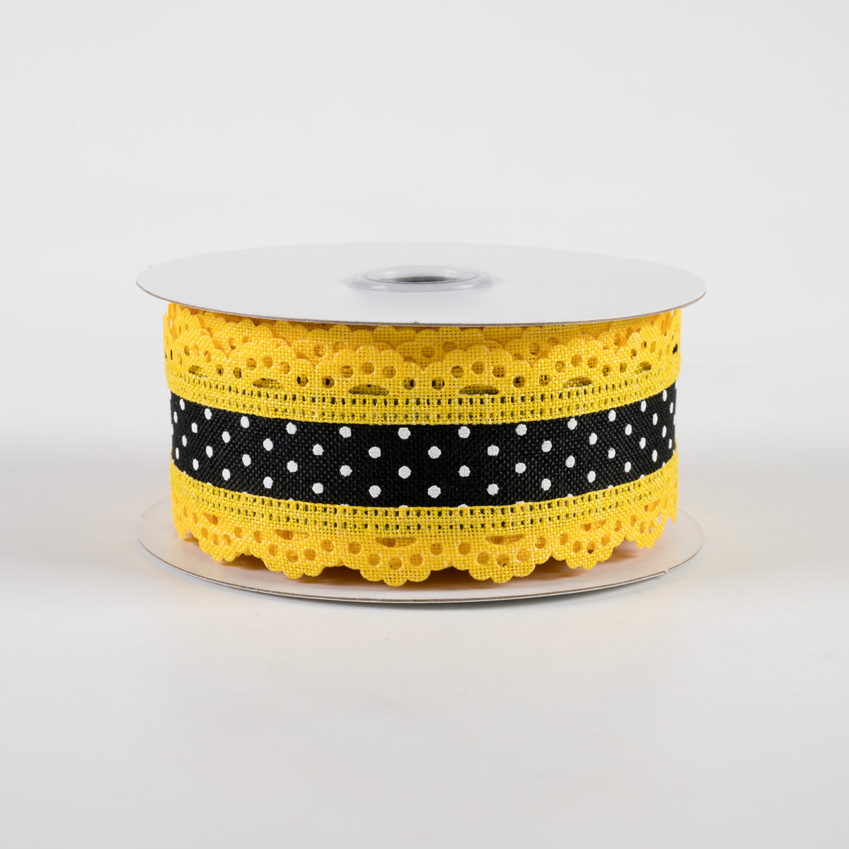 1.5" Swiss Dot Lace Edge Ribbon: Black & Yellow (10 Yards)