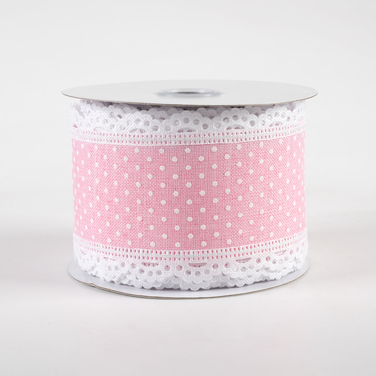 2.5" Swiss Dot Lace Edge Ribbon: Light Pink & White (10 Yards)