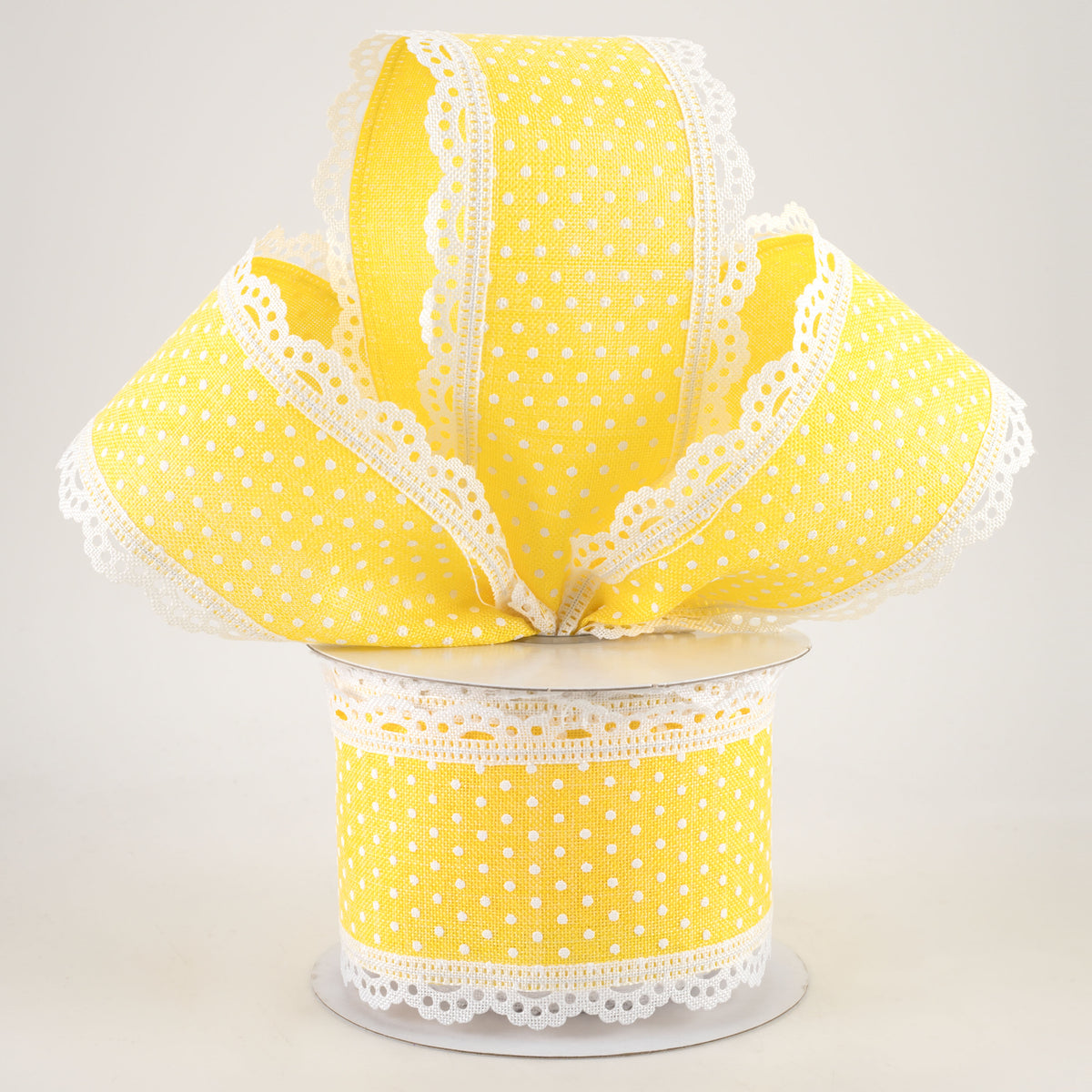 2.5" Swiss Dot Lace Edge Ribbon: Yellow & White (10 Yards) Lifestyle Photo
