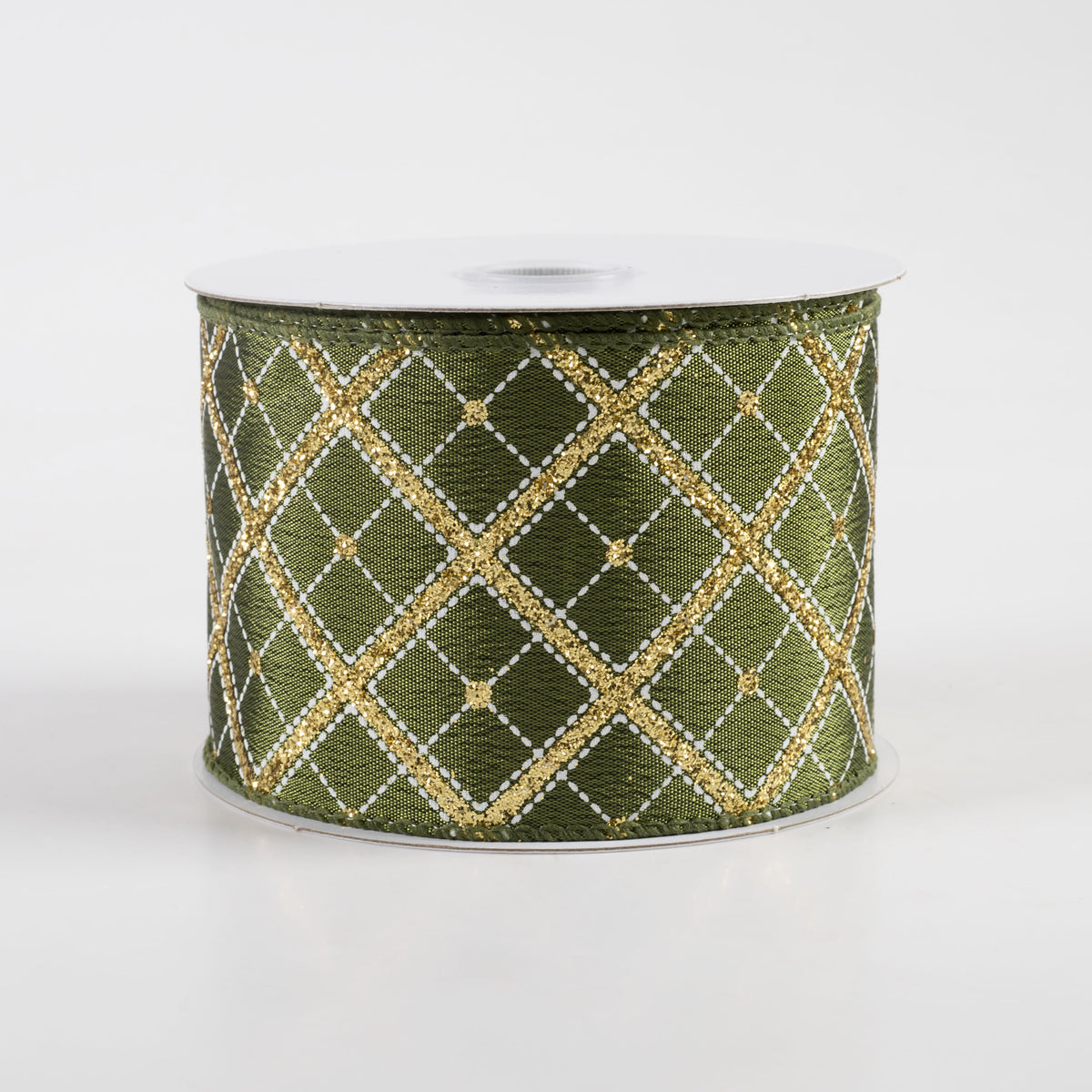 2.5" Textured Satin Glitter Diagonal Cross Plaid Ribbon: Moss (10 Yards)