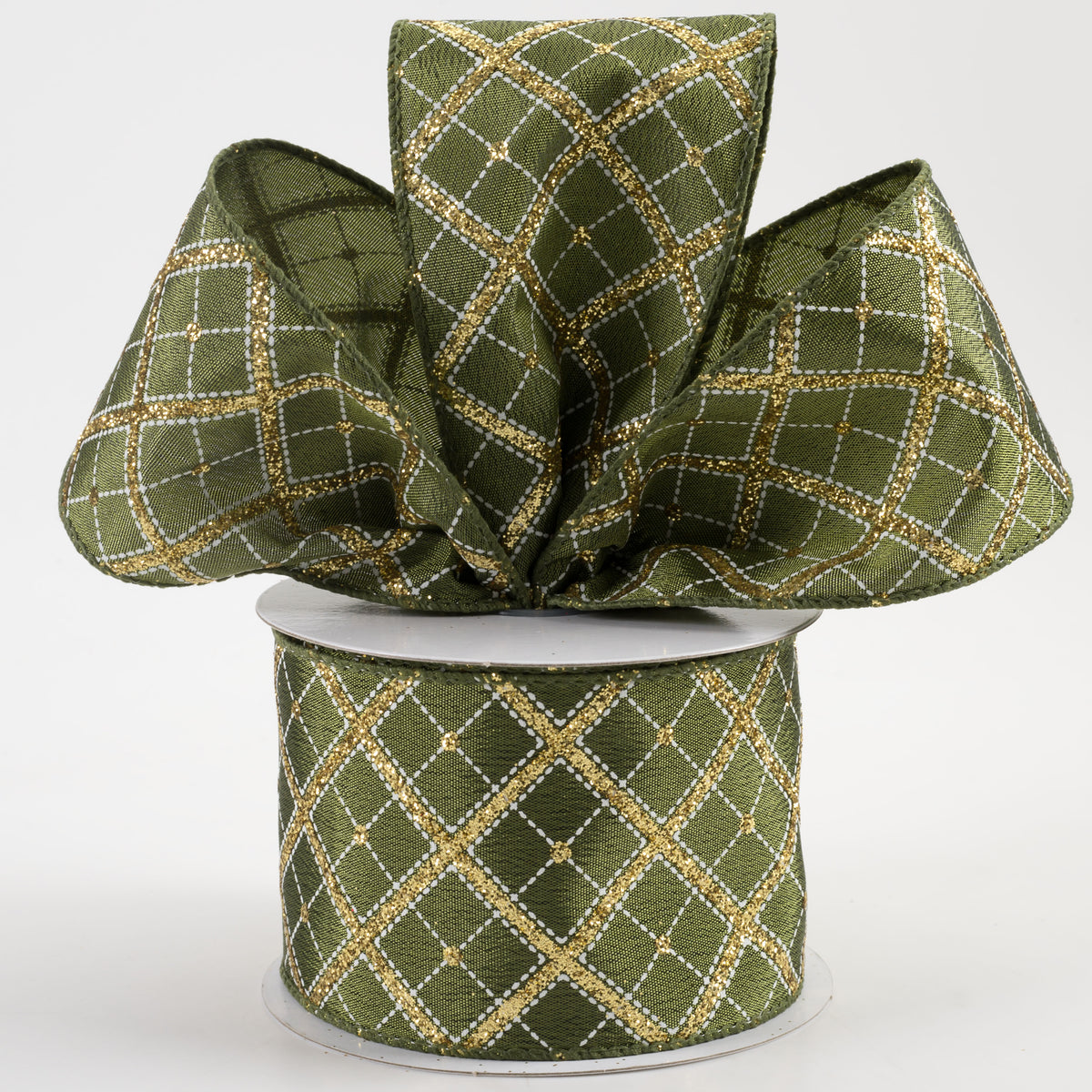 2.5" Textured Satin Glitter Diagonal Cross Plaid Ribbon: Moss (10 Yards) Lifestyle Photo