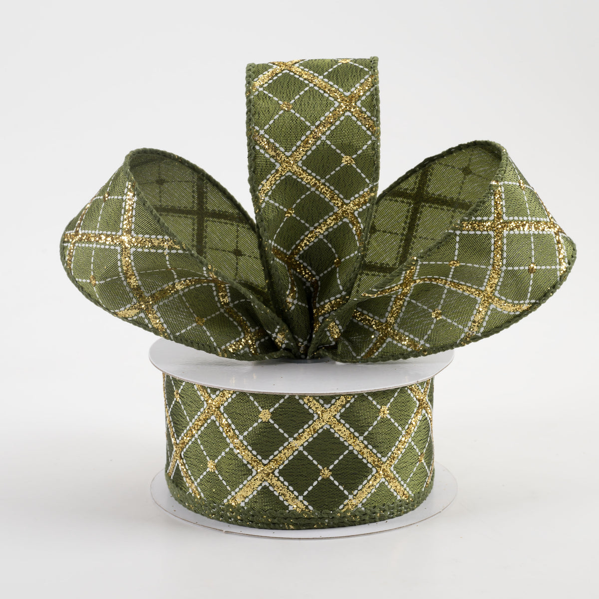 1.5" Textured Satin Glitter Diagonal Cross Plaid Ribbon: Moss (10 Yards) Lifestyle Photo