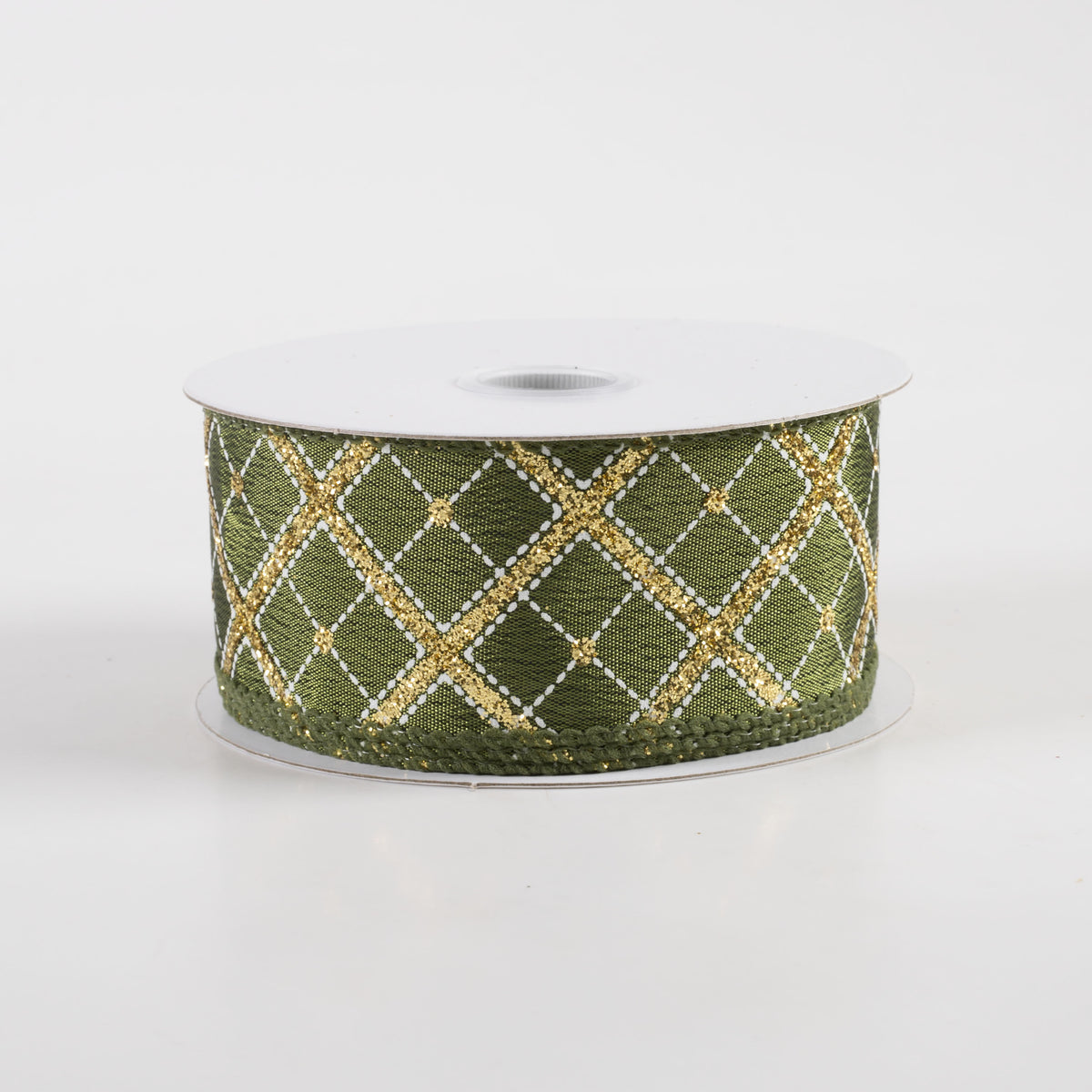 1.5" Textured Satin Glitter Diagonal Cross Plaid Ribbon: Moss (10 Yards)