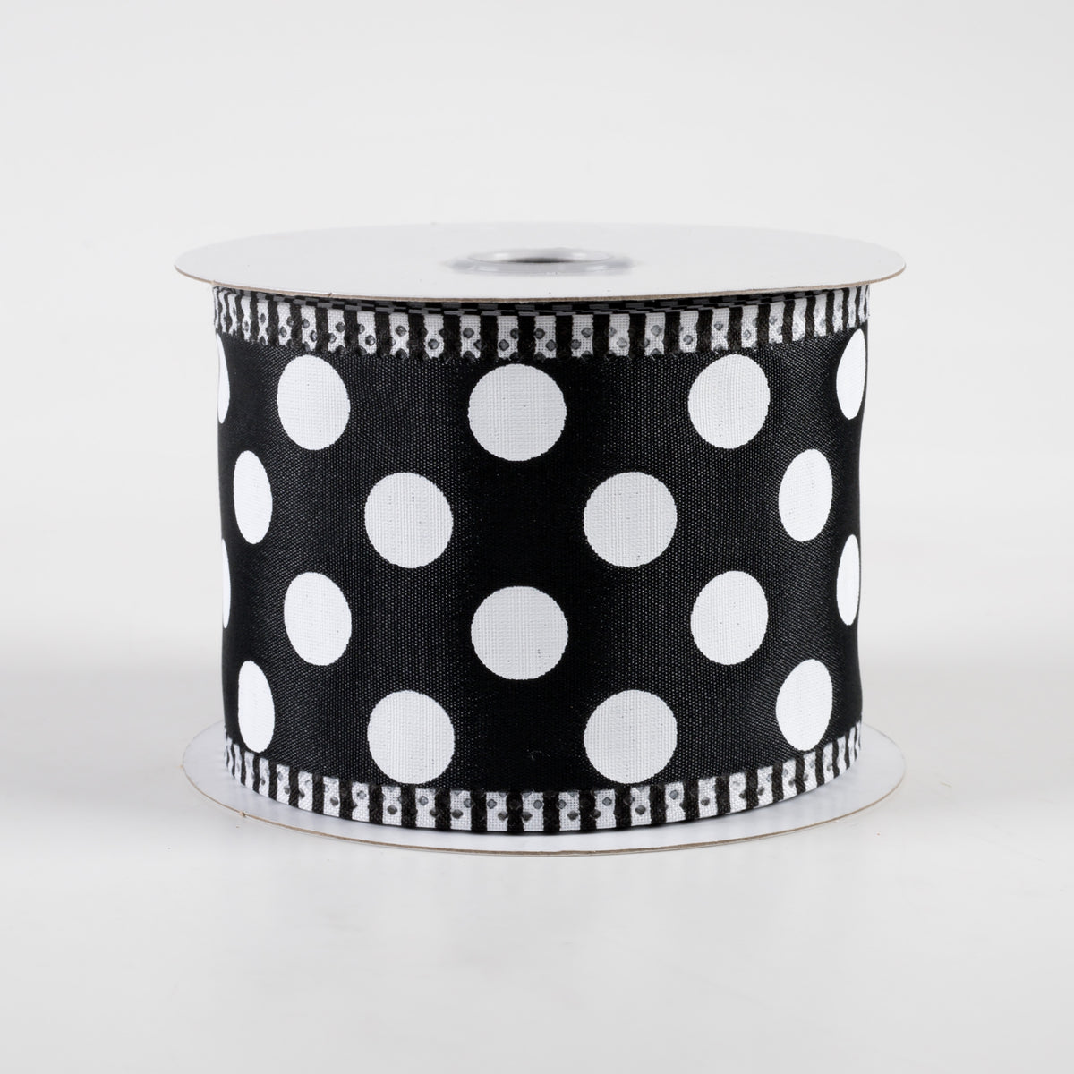 2.5" Thin Stripe Edge Polka Dot Ribbon: Black & White (10 Yards)