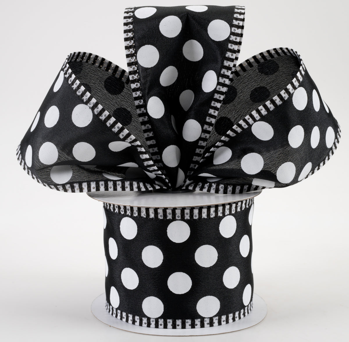 2.5" Thin Stripe Edge Polka Dot Ribbon: Black & White (10 Yards) Lifestyle Photo