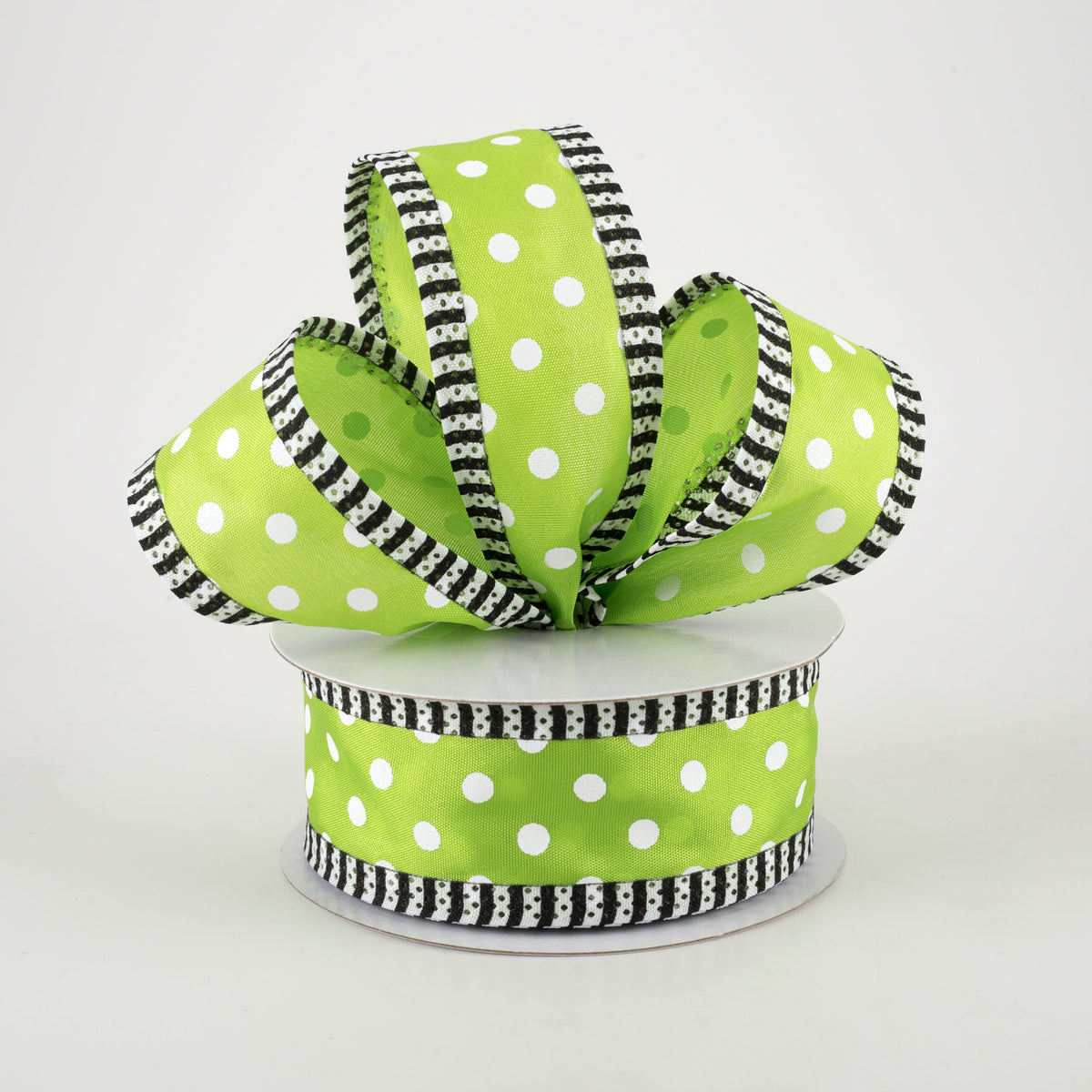 1.5" Thin Stripe Edge Polka Dot Ribbon: Lime Green & White (10 Yards) Lifestyle Photo