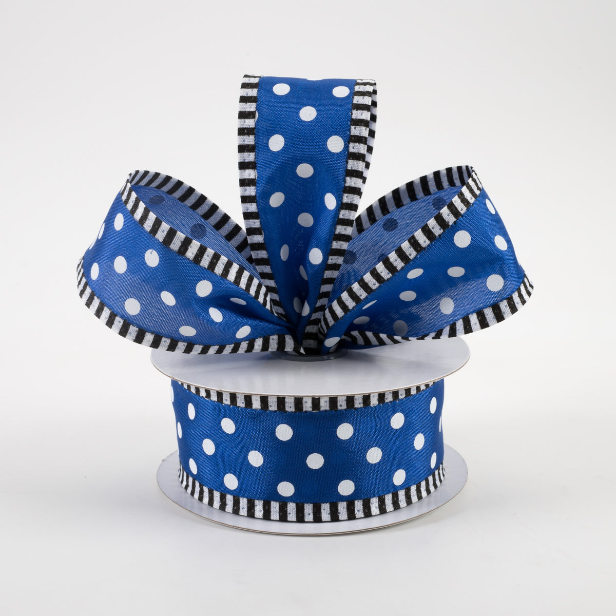 1.5" Thin Stripe Edge Polka Dot Ribbon: Royal Blue & White (10 Yards) Lifestyle Photo