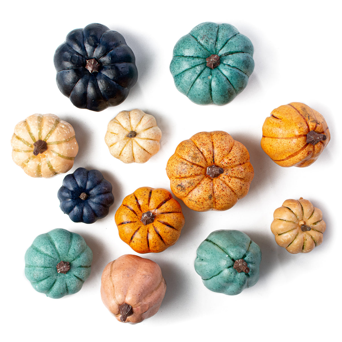 1.75" to 3.75" Assorted Artificial Pumpkins: Teal & Navy Fall (12) Item Number: HA021734
