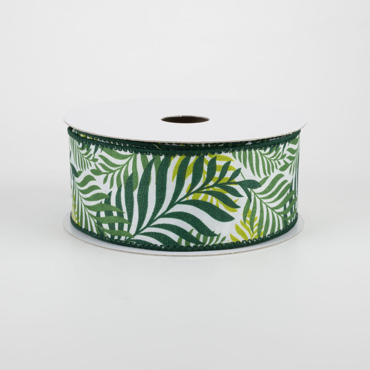 1.5" Tropical Jungle Ferns Ribbon: White (10 Yards)