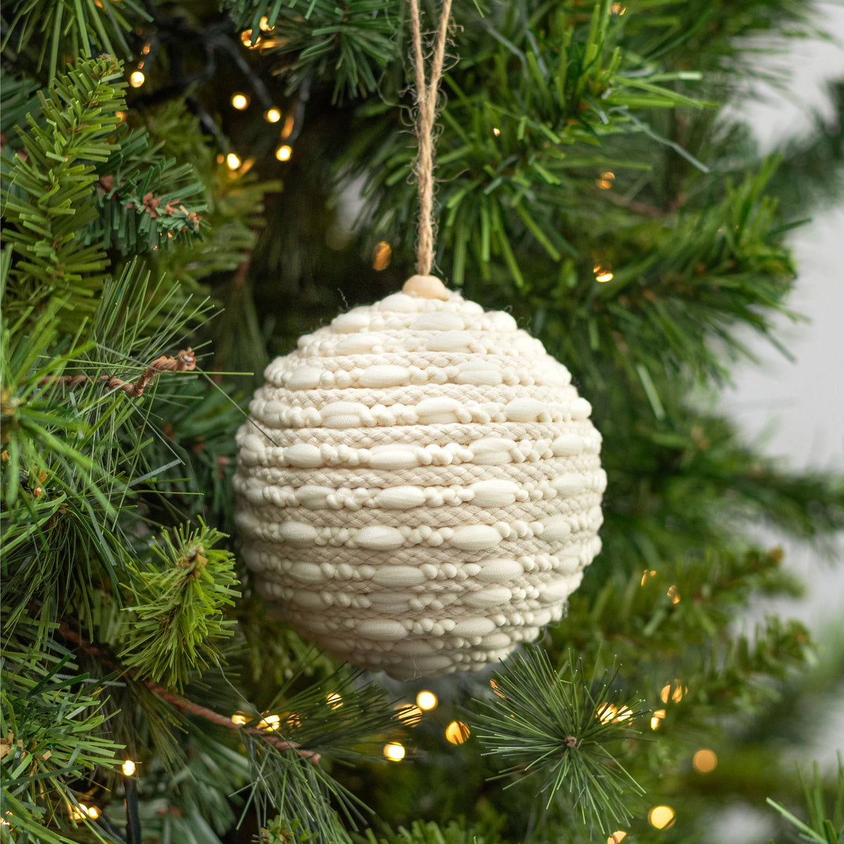 4" Tufted Braided Stripe Ornaments: Cream (Box of 4) Lifestyle Photo