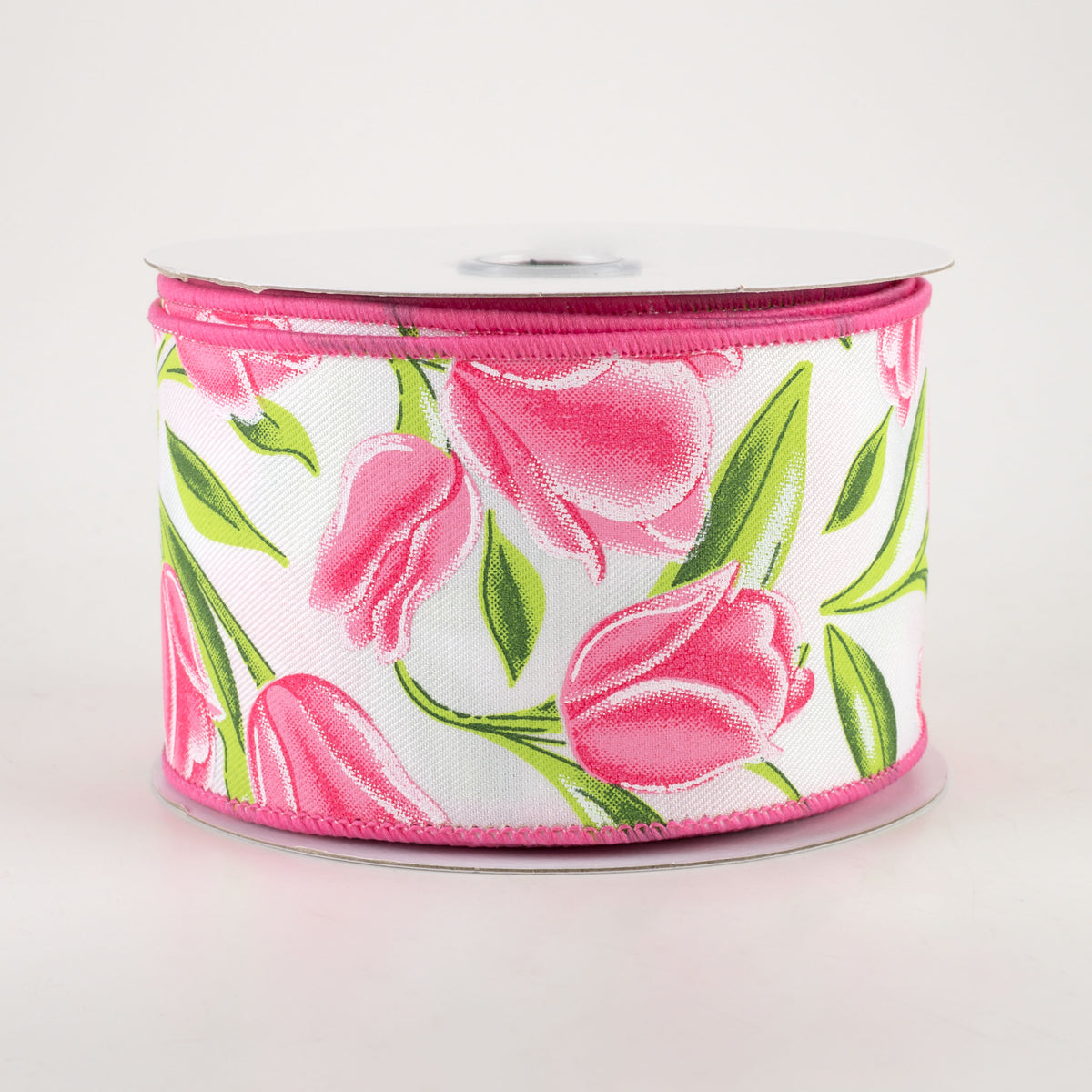 2.5" Tulips Ribbon: White & Pink (10 Yards)