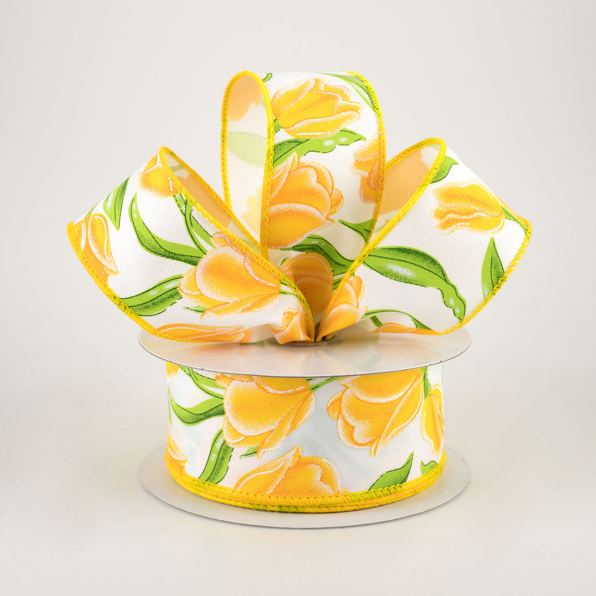 1.5" Tulips Ribbon: White & Yellow (10 Yards) Lifestyle Photo