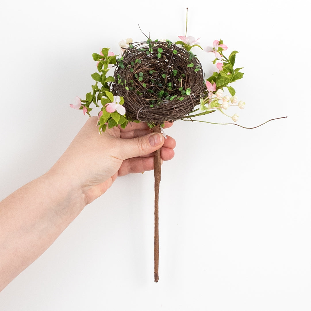 10" Twig Nest with Flowers Pick: Pink detail photo 3