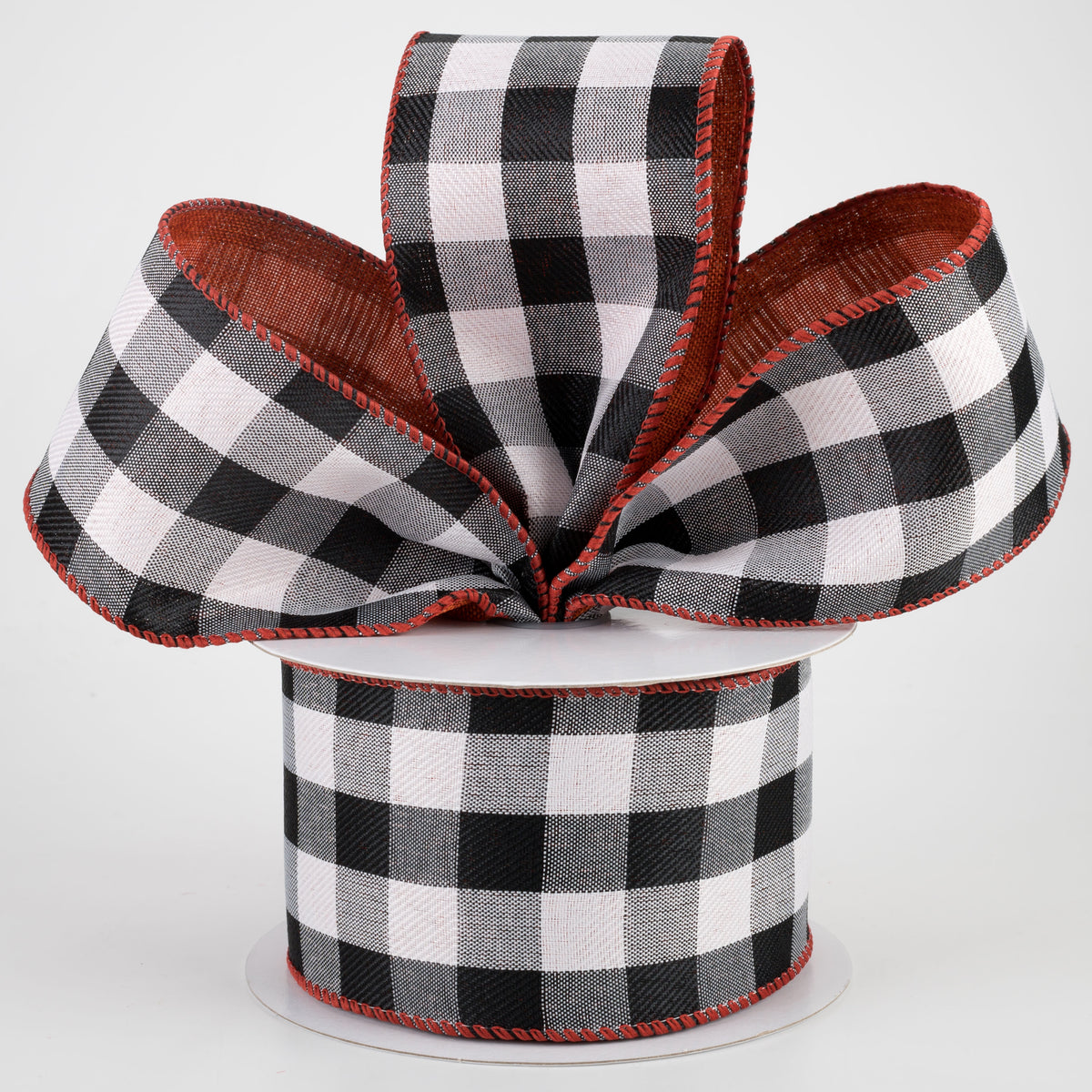 2.5" Two Sided Buffalo Plaid & Linen Ribbon: Black, White, Rust (10 Yards) Lifestyle Photo