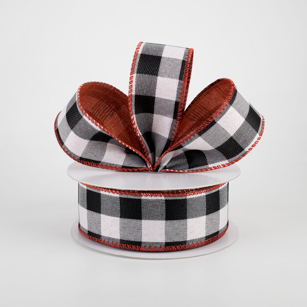 1.5" Two Sided Buffalo Plaid & Linen Ribbon: Black, White, Rust (10 Yards) Lifestyle Photo