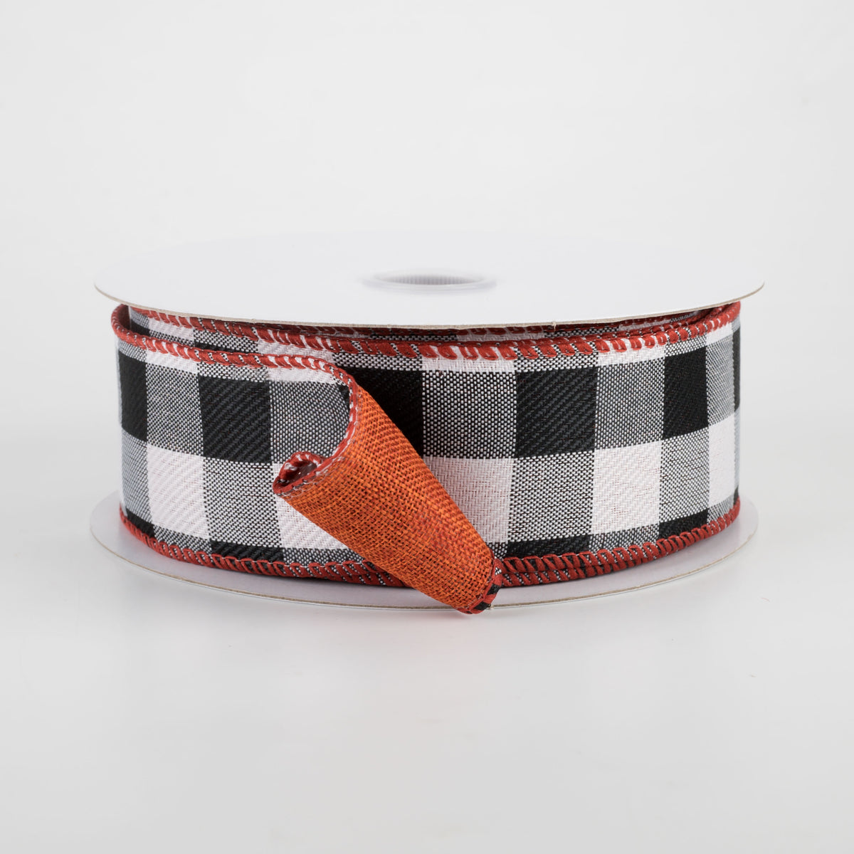 1.5" Two Sided Buffalo Plaid & Linen Ribbon: Black, White, Rust (10 Yards)