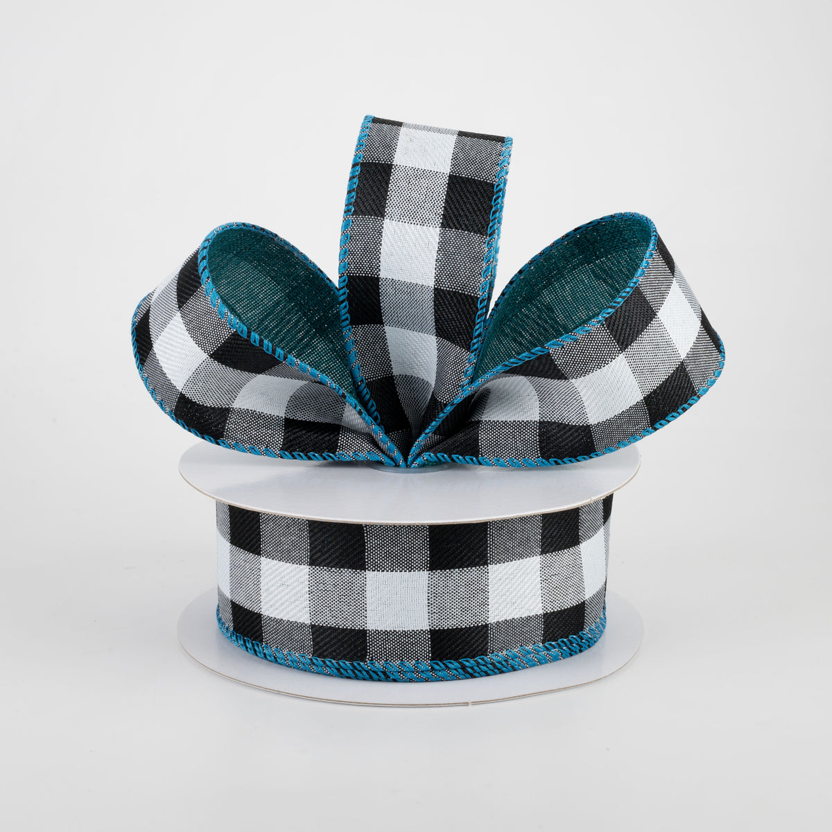 1.5" Two Sided Buffalo Plaid & Linen Ribbon: Black, White, Teal (10 Yards) Lifestyle Photo