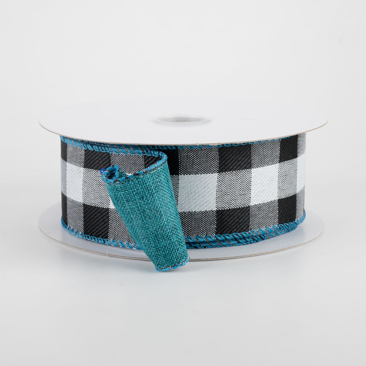 1.5" Two Sided Buffalo Plaid & Linen Ribbon: Black, White, Teal (10 Yards)
