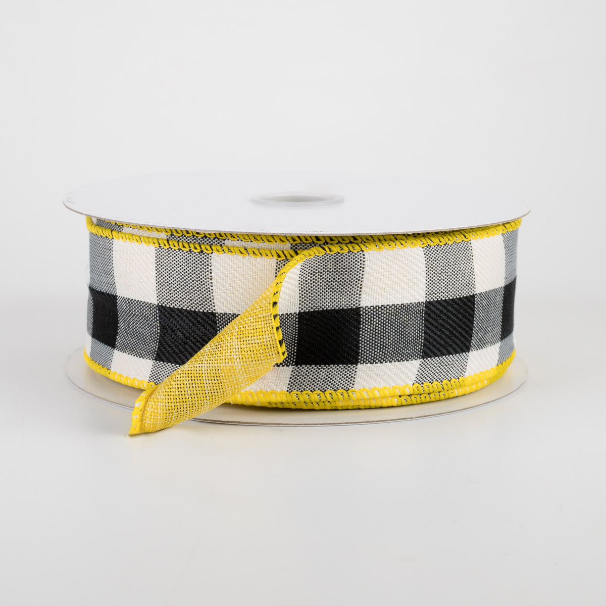 1.5" Two Sided Buffalo Plaid & Linen Ribbon: Black, White, Yellow (10 Yards)