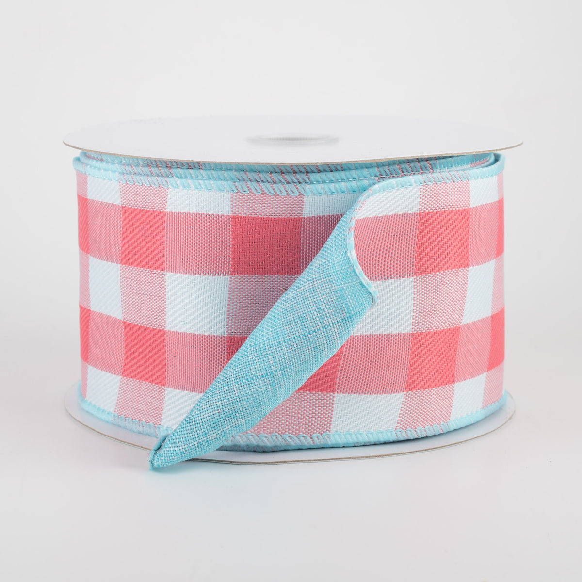 2.5" Two Sided Buffalo Plaid & Linen Ribbon: Coral, White, Aqua (10 Yards) Item Number: 41147-40-46