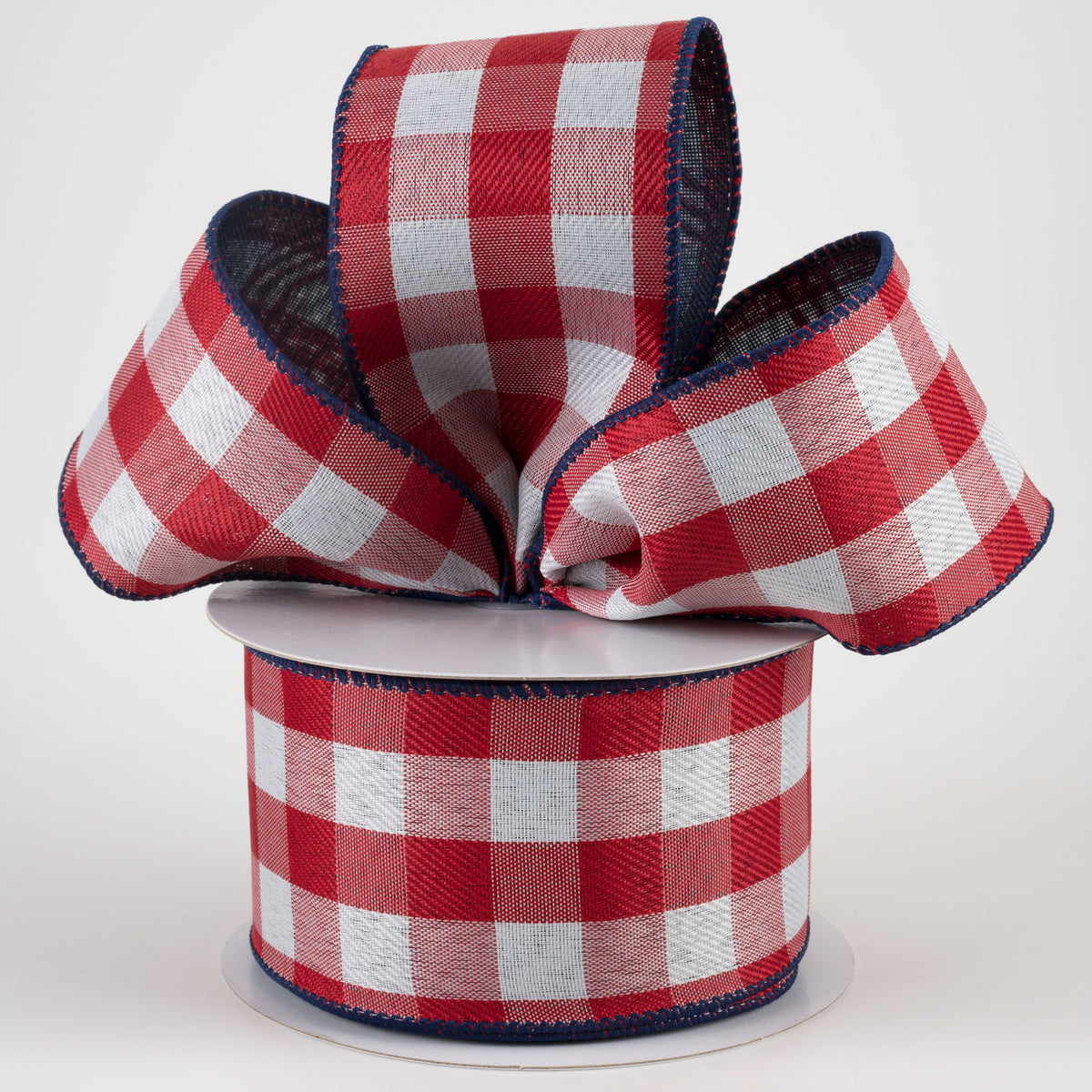 2.5" Two Sided Buffalo Plaid & Linen Ribbon: Red, White & Navy (10 Yards) Lifestyle Photo