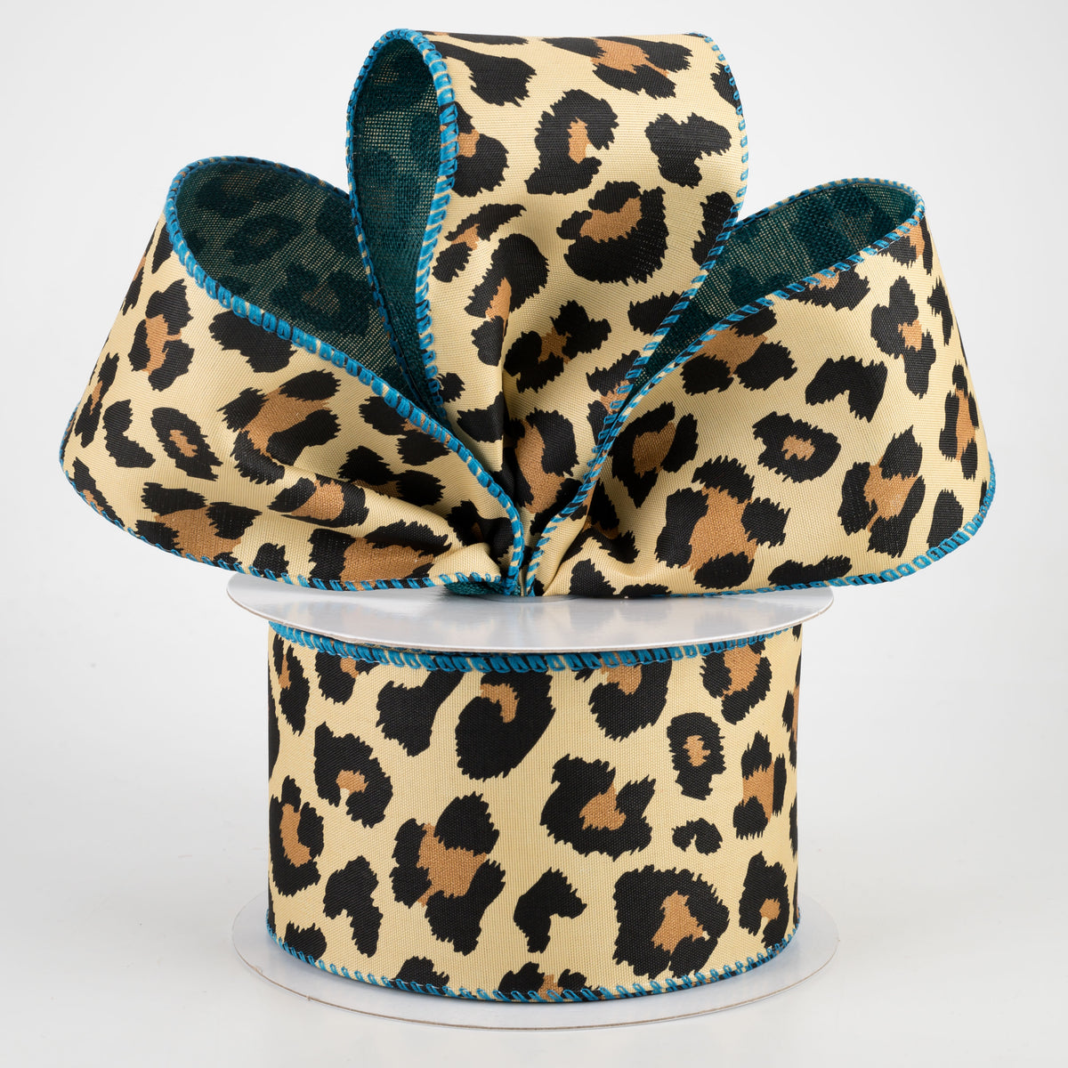 2.5" Two Sided Cheetah Print & Linen Ribbon: Teal (10 Yards) Lifestyle Photo