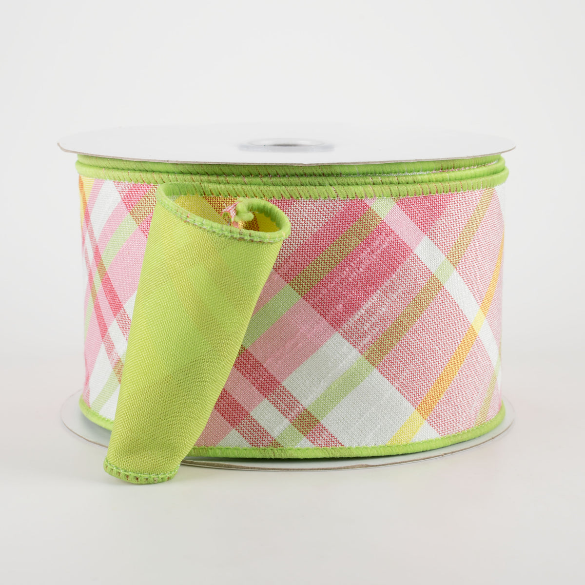 2.5" Two Sided Diagonal Plaid & Solid Ribbon: Spring Green, Light Pink, Yellow (10 Yards)