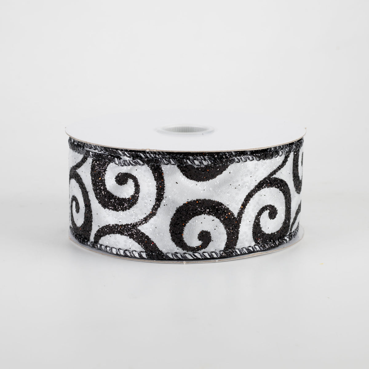 1.5" Ultra Glitter Swirls Ribbon: Black & White (10 Yards)