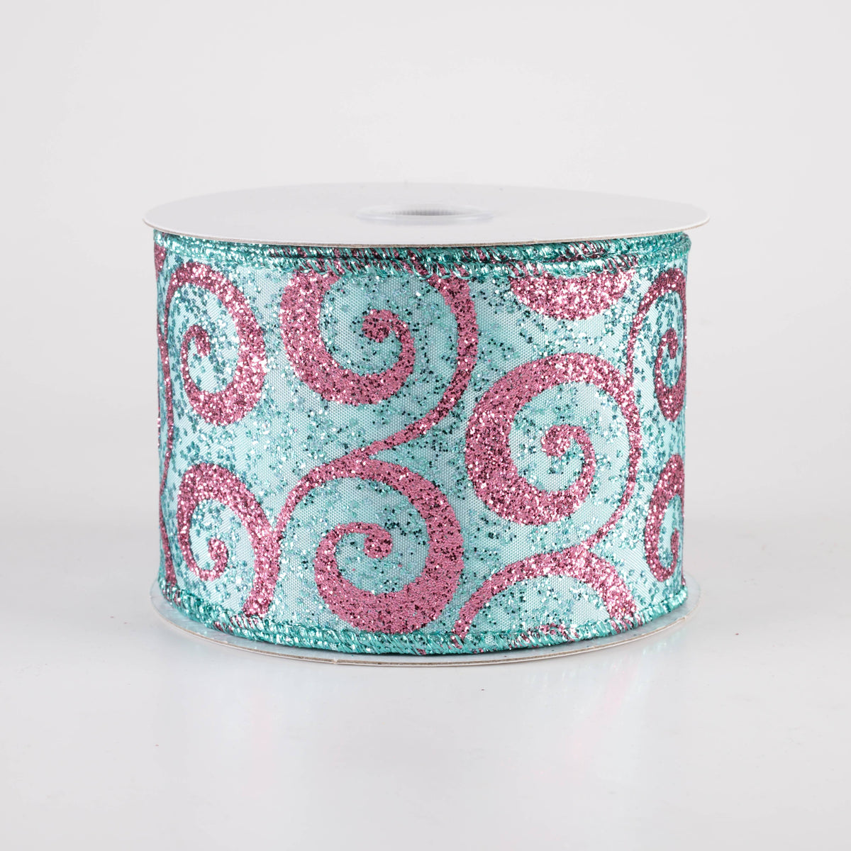 2.5" Ultra Glitter Swirls Ribbon: Pink on Aqua Teal Blue (10 Yards) Item Number: 71401-40-45