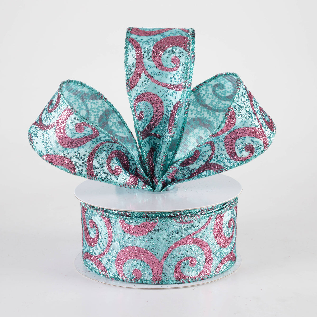 1.5" Ultra Glitter Swirls Ribbon: Pink on Aqua Teal Blue (10 Yards) Lifestyle Photo
