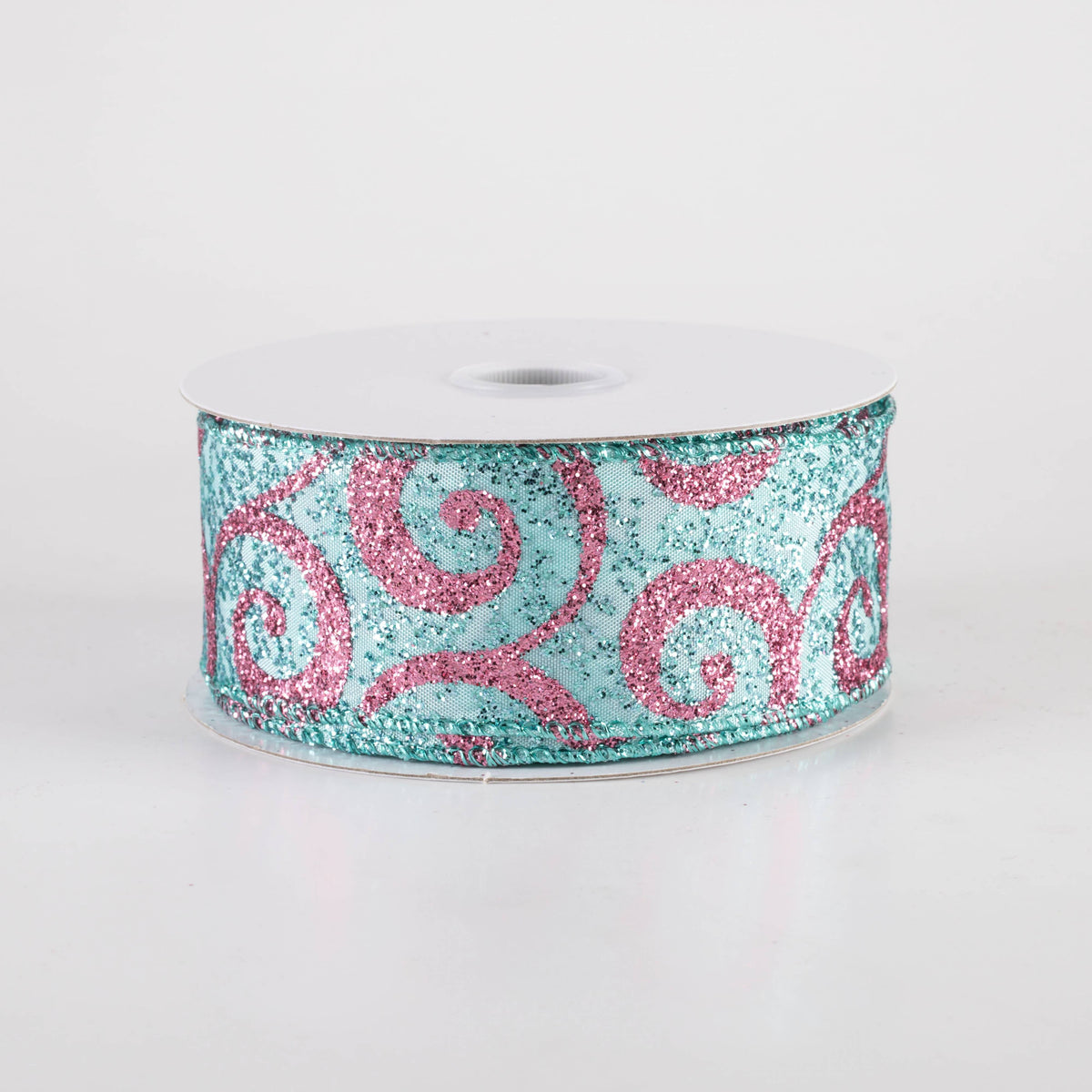 1.5" Ultra Glitter Swirls Ribbon: Pink on Aqua Teal Blue (10 Yards) Item Number: 71401-09-45