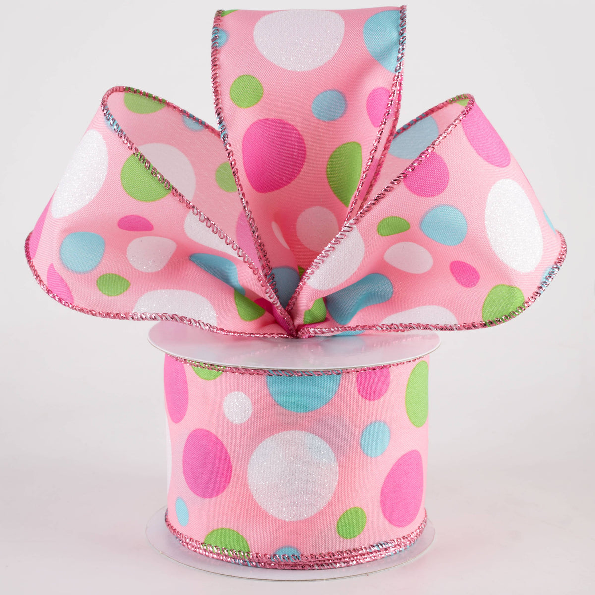 2.5" Varied Polka Dots Ribbon: Fuchsia, Lime, Blue & White on Pink (10 Yards) Lifestyle Photo