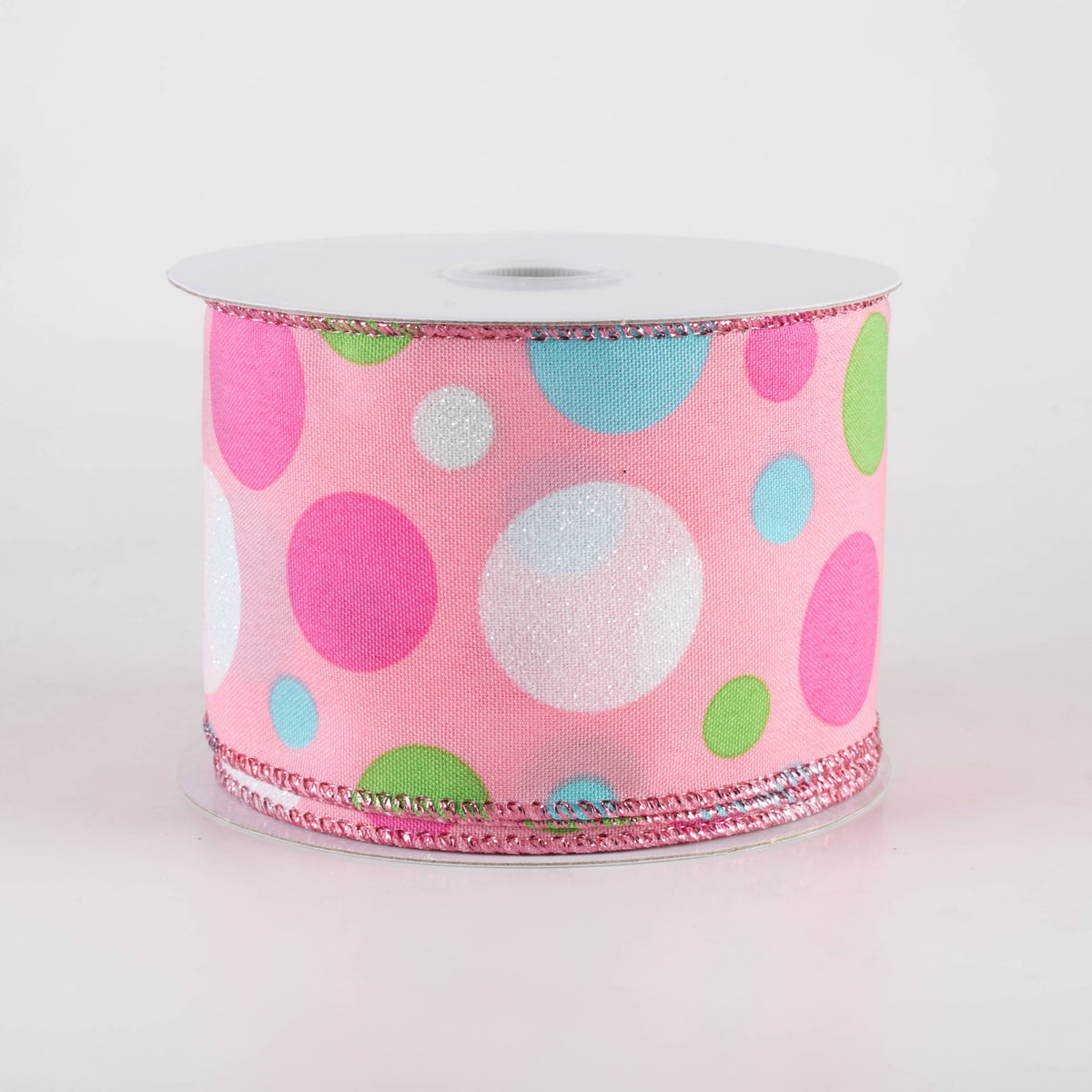 2.5" Varied Polka Dots Ribbon: Fuchsia, Lime, Blue & White on Pink (10 Yards) Item Number: 71408-40-03