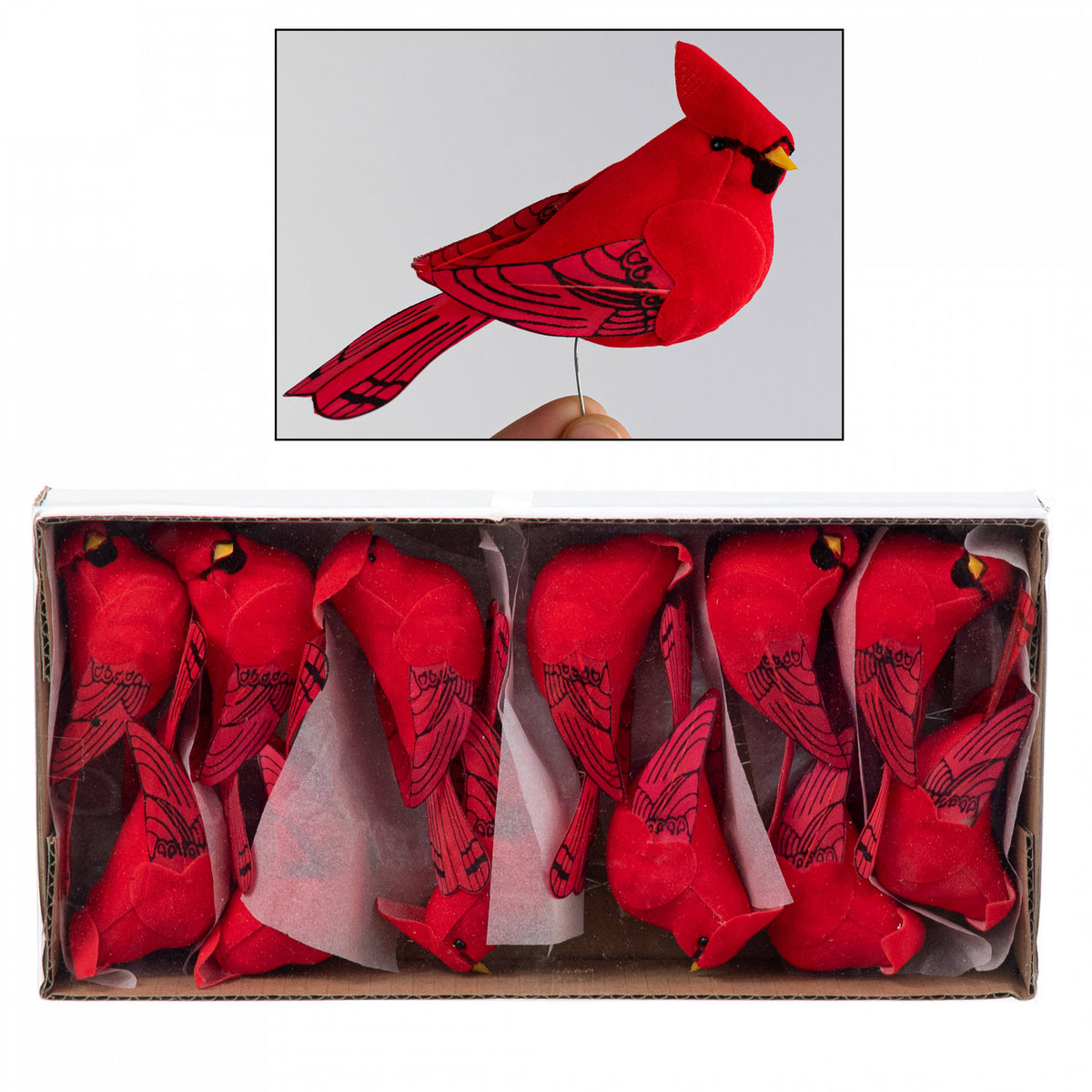 4.5" Velvet & Feather Chubby Cardinal Wired Ornaments (Box of 12) Item Number: MW0619