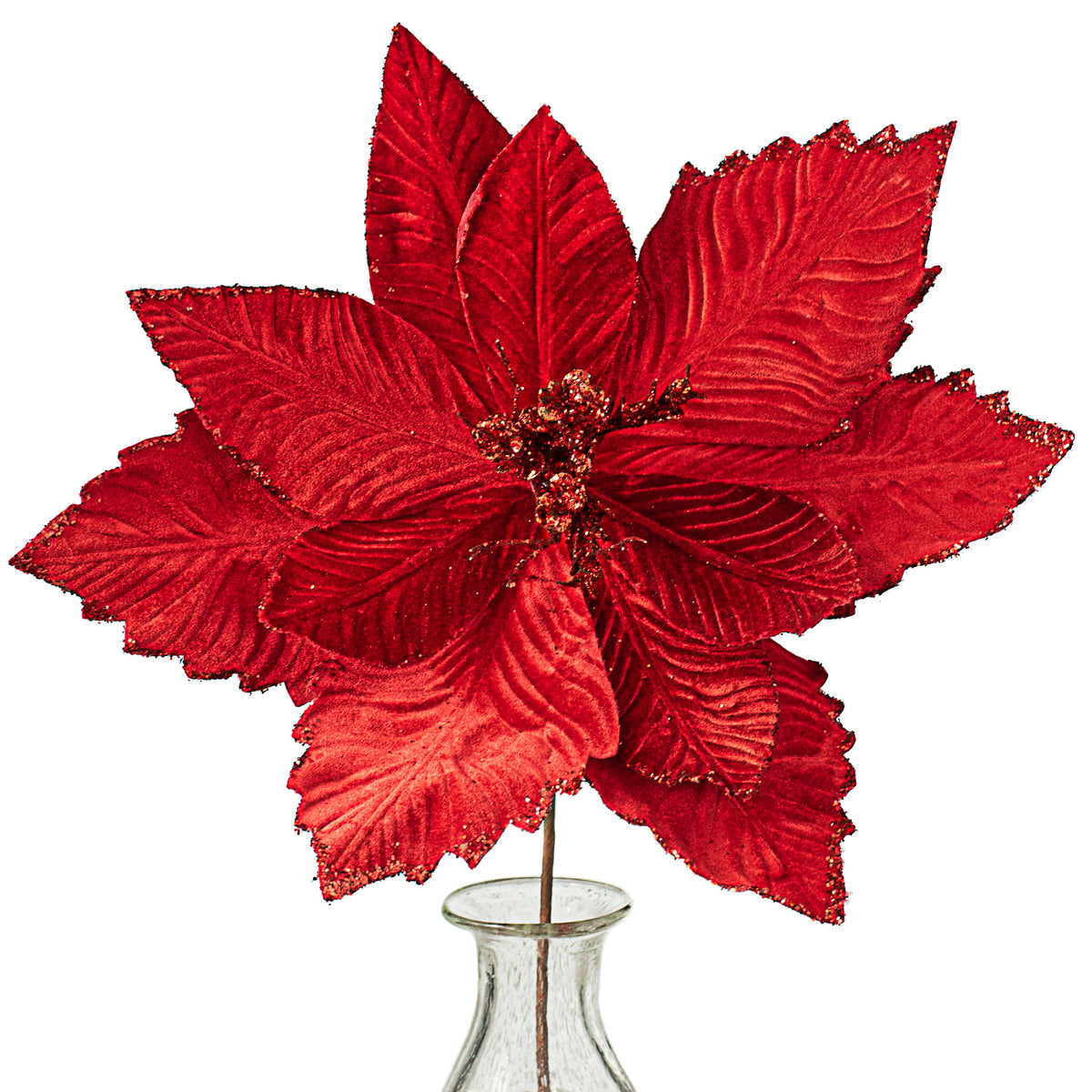 24" Velvet Glitter Luxe Poinsettia Stem: Red Item Number: 281993