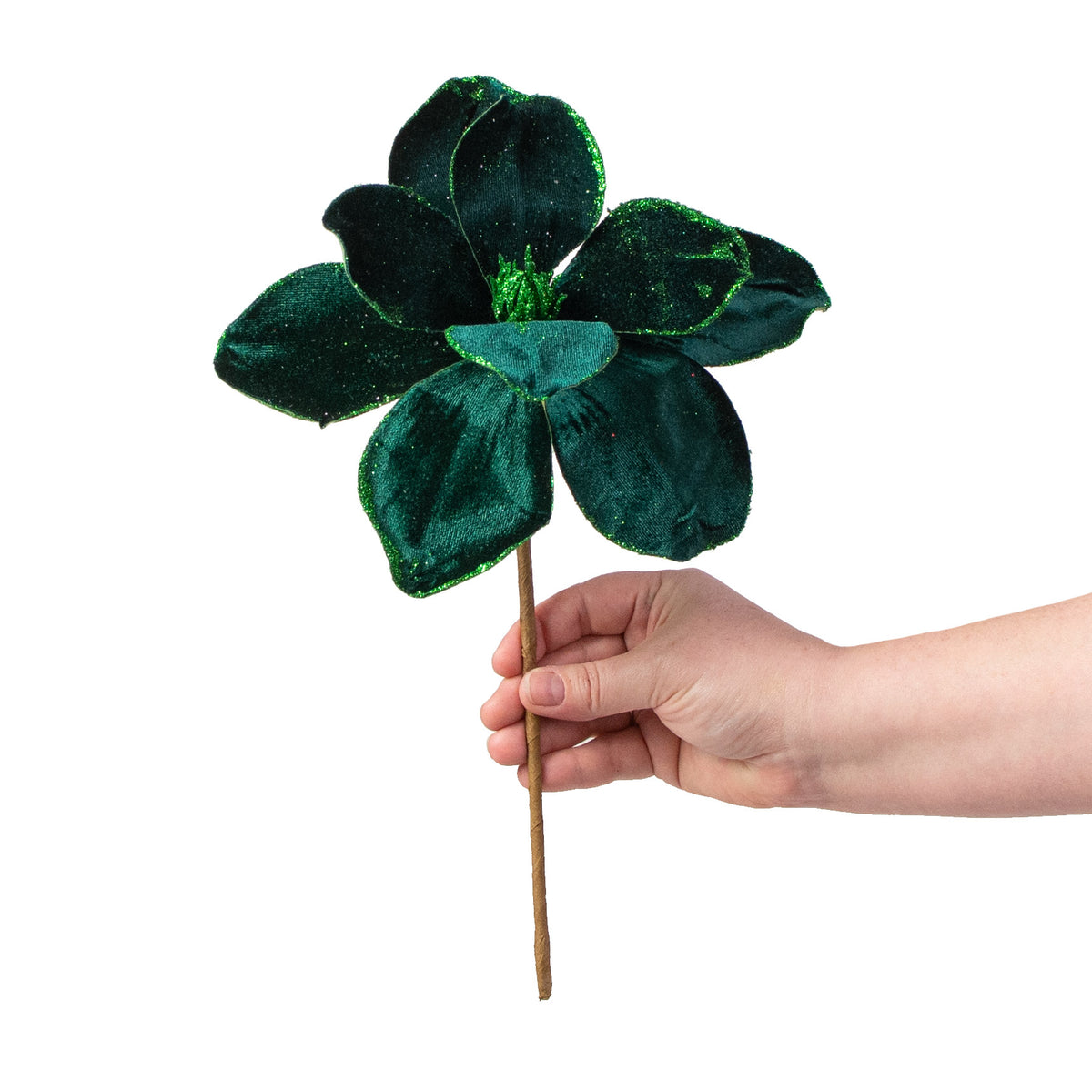 10" Velvet & Glitter Magnolia Spray: Dark Green detail photo 3