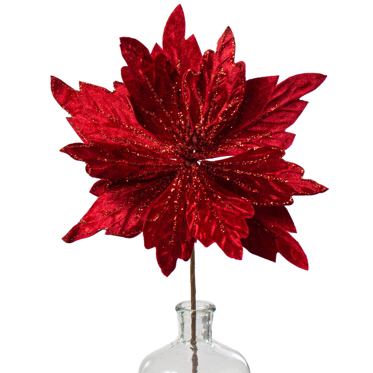 19" Velvet Glitter Poinsettia Stem: Red Item Number: 101338