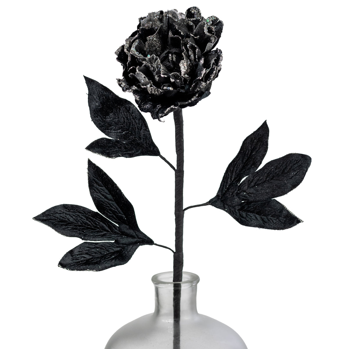 29" Velvet Glittered Peony Stem: Black & Silver Item Number: ISB39231