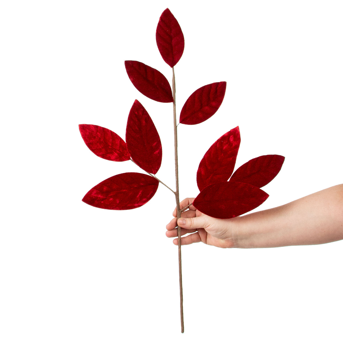24" Velvet Magnolia Leaf Spray: Red detail photo 3