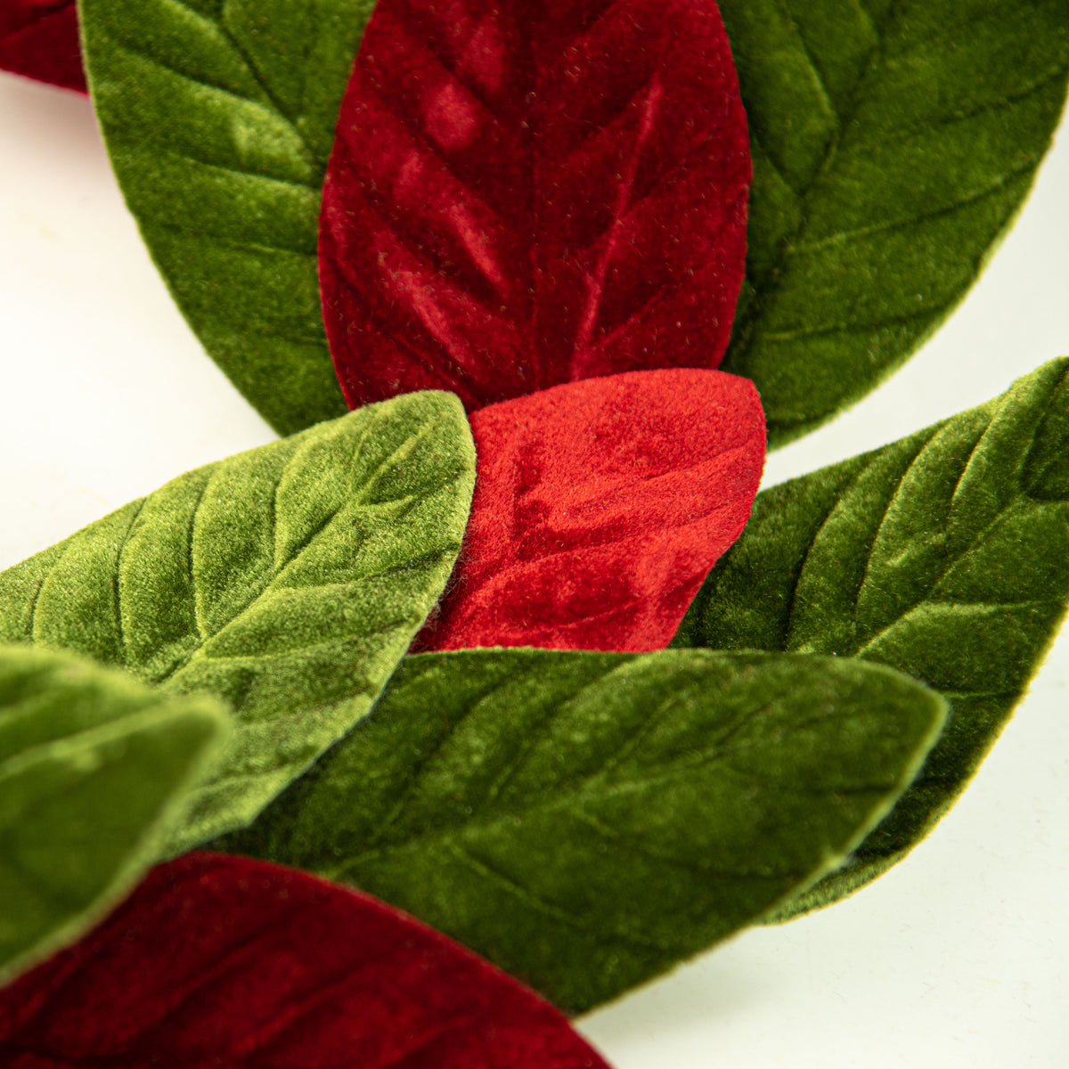 4' Velvet Magnolia Leaves Garland: Red & Olive Lifestyle Photo