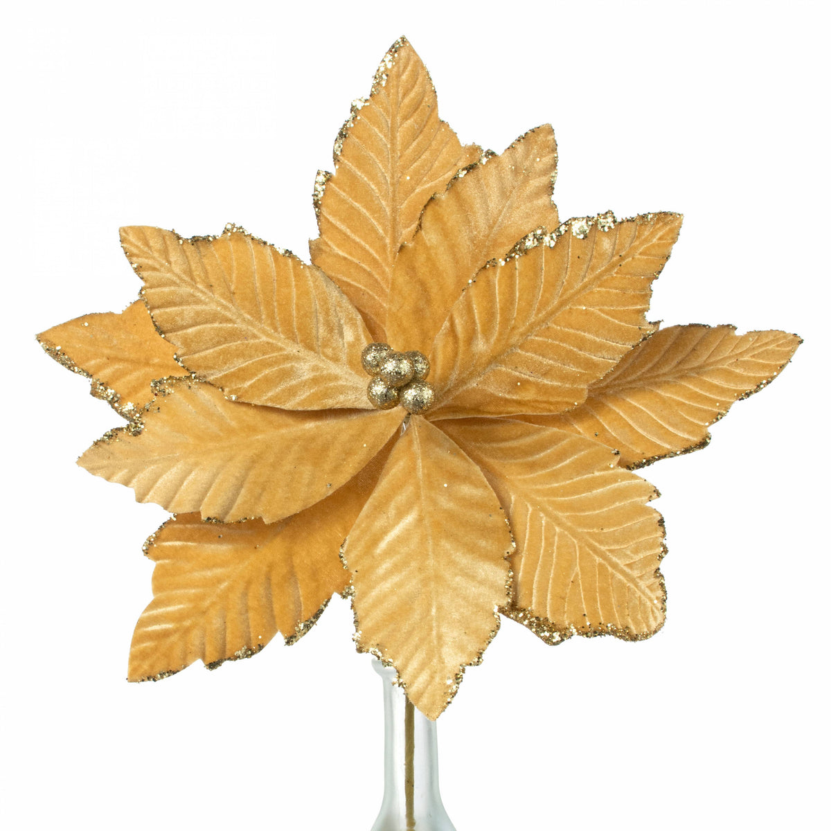 14" x 16" Velvet Poinsettia Stem: Antique Gold Item Number: XS401172