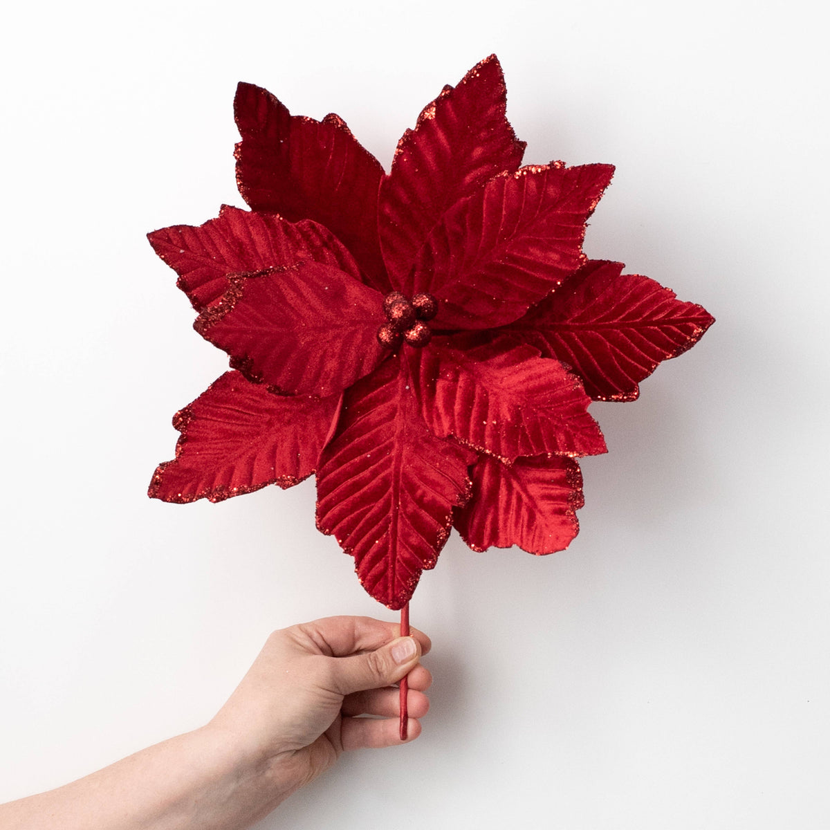 14" x 16" Velvet Poinsettia Stem: Cranberry Red detail photo 3