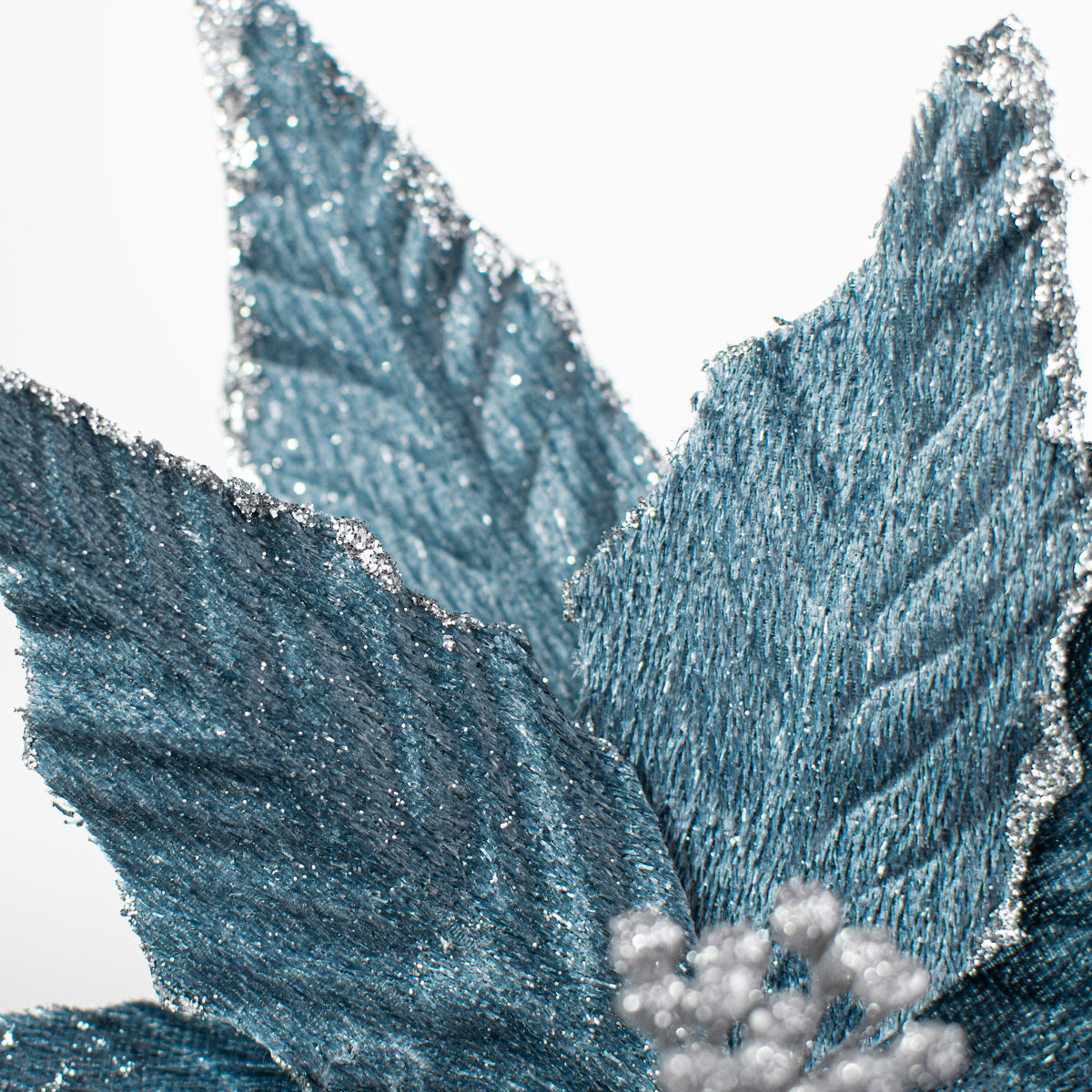15" Velvet Poinsettia Pick: Dusty Blue Lifestyle Photo