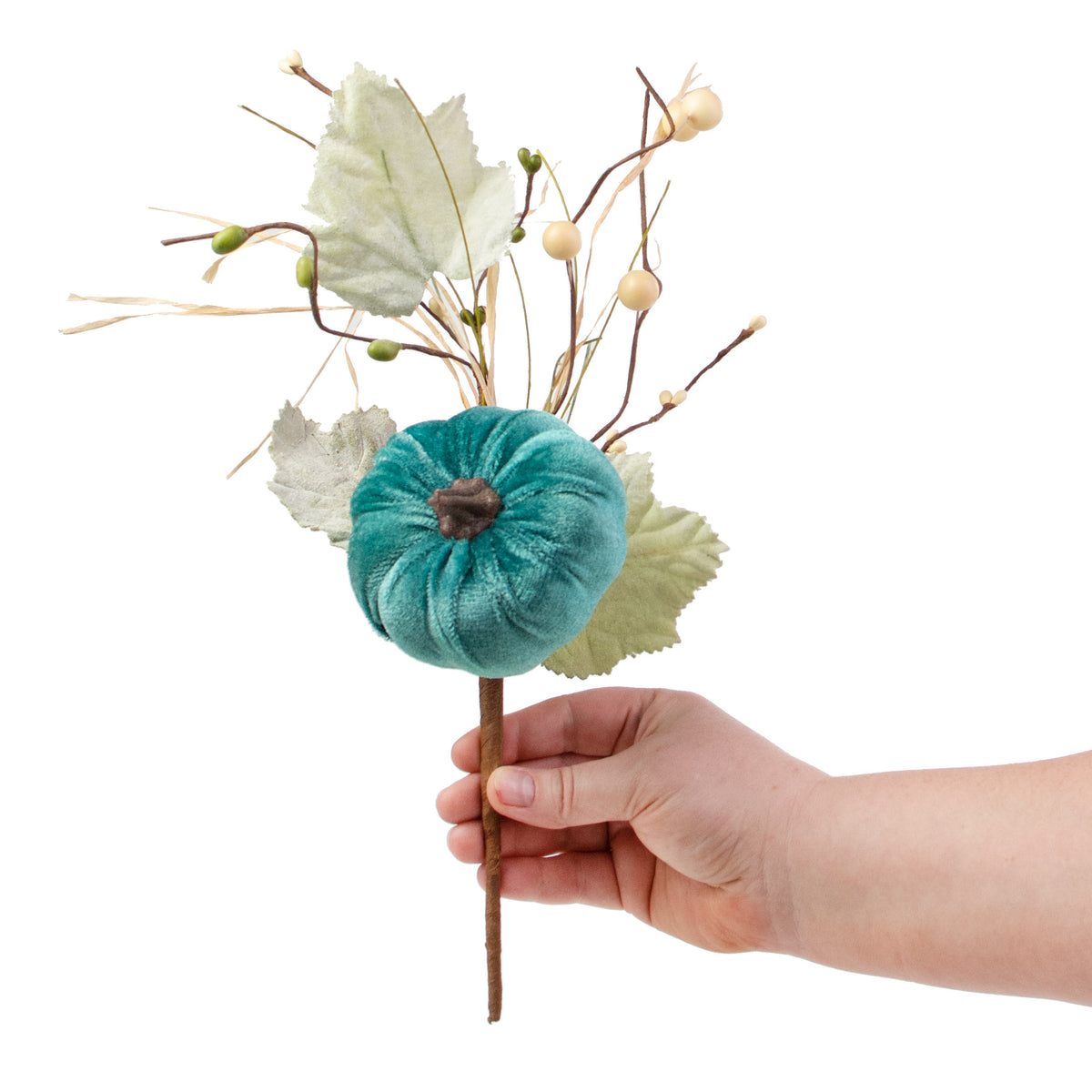 14" Velvet Pumpkin, Berry, Leaves Pick: Teal detail photo 4