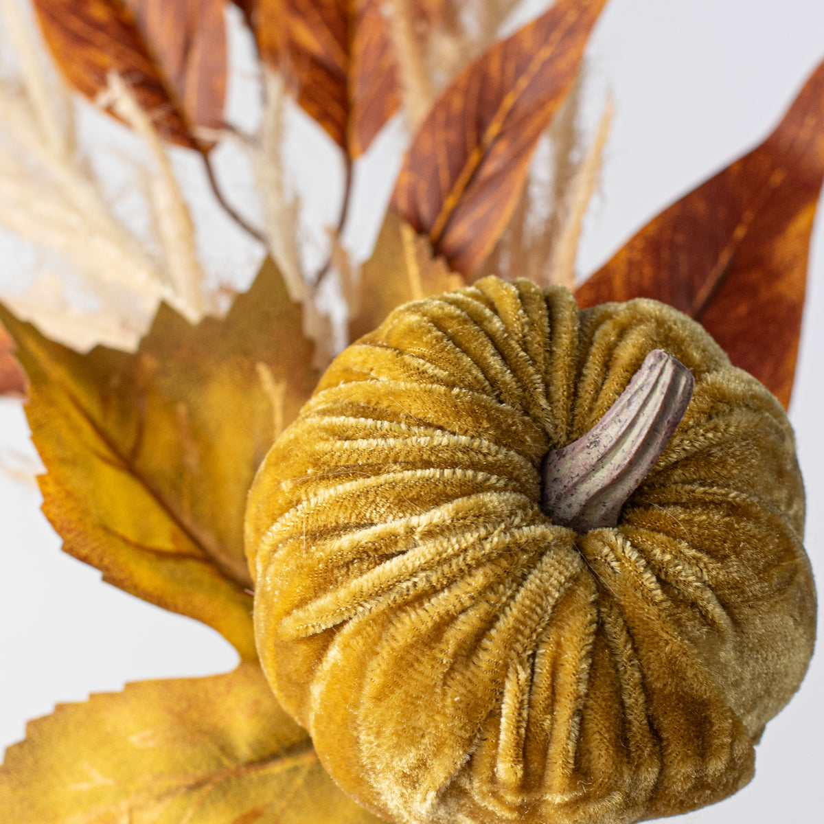 12" Velvet Pumpkin & Leaves Pick: Light Brown Lifestyle Photo