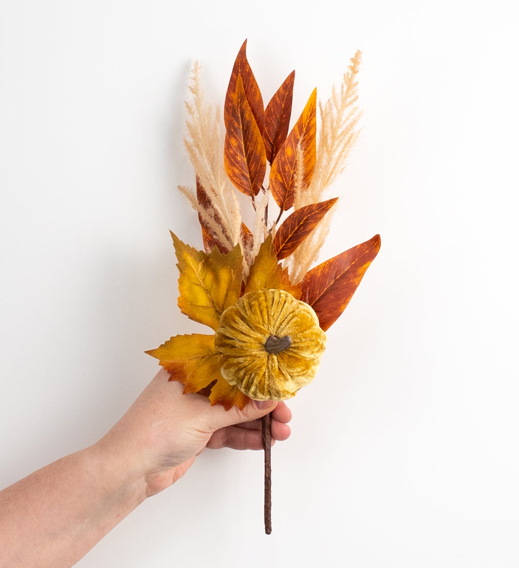 12" Velvet Pumpkin & Leaves Pick: Light Brown detail photo 3