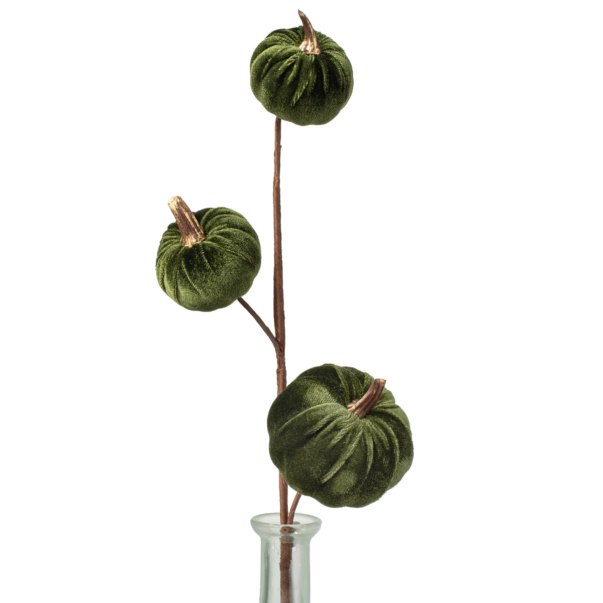 15" Velvet Pumpkins with Gold Stem Pick: Moss Green Item Number: 31355