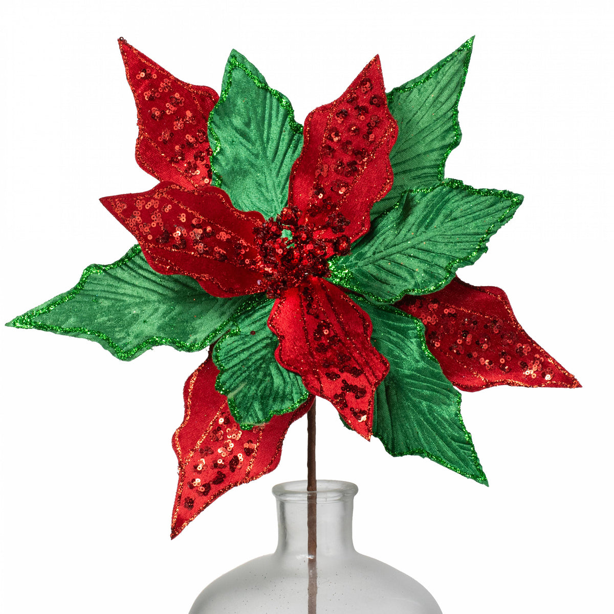 14" x 26" Velvet Sequin Poinsettia Stem: Red & Emerald Green Item Number: 86078RDGN