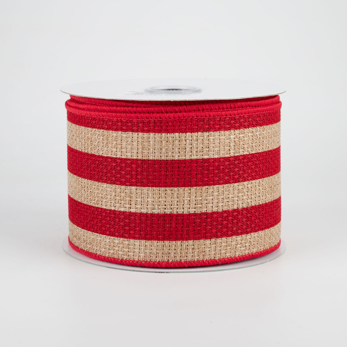 2.5" Vertical Stripe Faux Burlap Ribbon: Beige & Red (10 Yards)